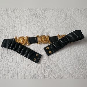 Black and Gold Leather Belt with Medusa Accents 29"